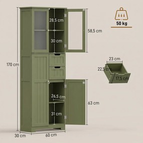 Armário alto de arrumação, 60 (L) x 30 (P) x 170 (A) cm com portas de vidro e prateleiras ajustáveis, para casa de banho, cozinha e sala de estar, ver