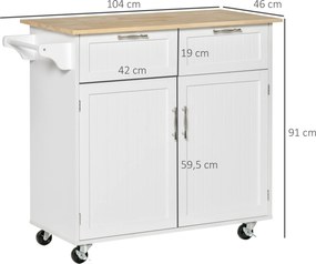 Carrinho de Cozinha com Rodas Móvel Auxiliar de Cozinha com 2 Gavetas 2 Portas Prateleira Ajustável 104x46x91 cm Branco