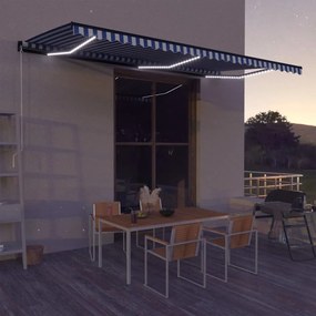 vidaXL Toldo retrátil manual com LED 600x300 cm azul e branco