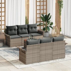 Conjunto de Sofá de Jardim 7 Peças com Almofadas Cinza de Rattan Polie