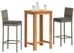 3 pcs conjunto de bar p/ jardim acácia maciça/vime PE cinzento
