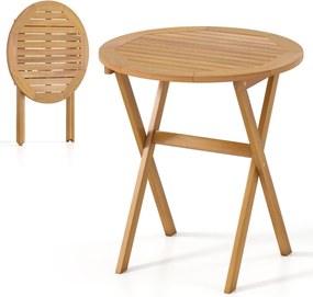 Mesa redonda dobrável 67 x 67 x 69 cm em madeira de acácia para exterior, com estrutura em forma de X, ideal para jardim, pátio ou varanda, com acabam
