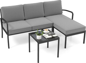 Conjunto de 3 Peças de Jardim: Sofá de 2 Lugares, Sofá em L e Mesa de Centro, 172,5 x 113 x 80 cm, Almofadas Laváveis, Cinzento