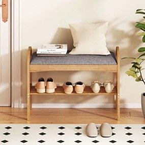 Banco para sapatos em bambu 70 x 31 x 51 cm com 2 níveis com almofada acolchoada e prateleira – ideal para a entrada, corredor, sala de estar e quarto
