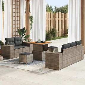 Conjunto de Sofá de Jardim de 8 Peças com Almofadas Cinza Polirattan Acácia