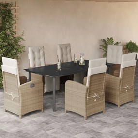 7 pcs conjunto de jantar p/ jardim com almofadões vime PE bege