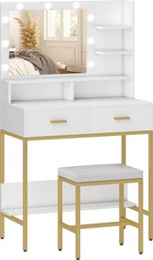 HOMCOM Toucador de Maquilhagem com Luz e Banco Mesa de Maquilhagem com 2 Gavetas e Prateleiras Estilo Moderno para Quarto Branco | Aosom Portugal