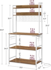 Estante de cozinha 40 x 80 x 170 cm com tomadas e prateleira de grade castanho-branco
