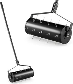 Rolo para Relva com arejador de relva com rolo de 44 cm Cabo amovível de 128 cm e dentes para jardim Preto