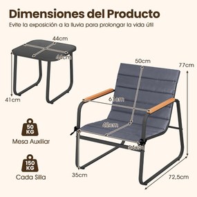 Conjunto de jardim de 3 peças, mesa de centro de vidro temperado e 2 Cadeiras com almofadas cinza