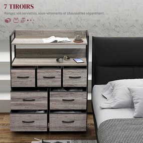 Cómoda com 7 gavetas em tecido, dobráveis e removíveis 79 x 29 x 101 cm, e prateleiras abertas, cinzenta