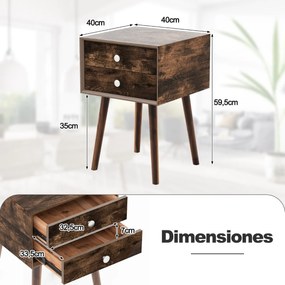 Mesa cabeceira com 2 gavetas em madeira para sala e quarto Fácil montagem 40 x 40 x 59,5 cm Castanho