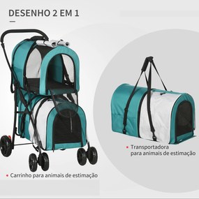 Carrinho Duplo para Cães Gatos Dobrável com 2 Transportadoras Portáteis Cinto de Segurança 66x50x98 cm Turquesa e Cinza