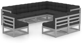 9pcs conjunto lounge de jardim c/ almofadões pinho maciço cinza