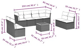 9 pcs conjunto de sofás p/ jardim c/ almofadões vime PE preto