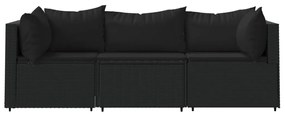 3 pcs conjunto lounge de jardim c/ almofadões vime PE preto