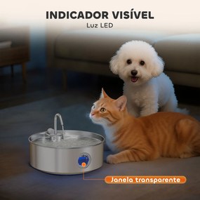 Fonte para Gatos em Aço Inoxidável 7L Silencioso Fonte de Água para Animais Automática com Sistema de Filtros Luz LED 30,5x31,2x19,3 cm Prata