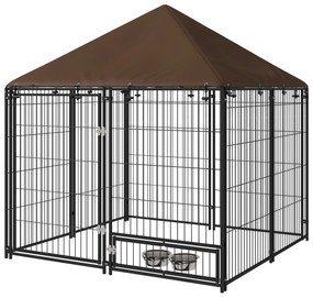 PawHut Parque para Cães com Toldo com Suporte Giratório para Comida 2 Tigelas Incluídas 141x141x151 cm Preto Marrom