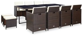 vidaXL 13 pcs conjunto jantar exterior com almofadões vime PE castanho