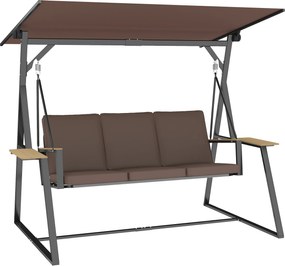 Outsunny Baloiço de Jardim de 3 Lugares com Teto Ajustável UPF50+ 2 Bandejas Almofadas e Estrutura em Metal 222x131x175 cm Marrom | Aosom Portugal