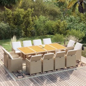 vidaXL 13 pcs conjunto jantar p/ jardim c/ almofadões vime PE bege