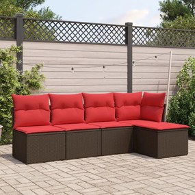 vidaXL 5 pcs conjunto sofás p/ jardim c/ almofadões vime PE castanho