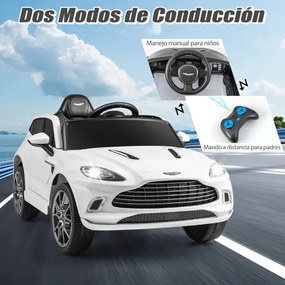 Carro elétrico infantil 12V Aston Martin DBX com portas duplas com datas controle remoto início lento luzes LED alto-falante USB Branco