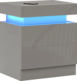 Mesa de Cabeceira com Luz LED Painel de Alto Brilho 2 Gavetas e Controlo Remoto para Dormitório 45x35x52 cm Cinzento
