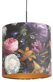 Candeeiro de suspensão com abajur de veludo flores com dourado 40 cm - Combi Clássico / Antigo