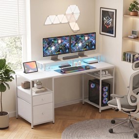 Secretária com Luzes LED Gavetas Tomadas Portas USB e Suporte para Monitor 155,5x48x88,5 cm Branco