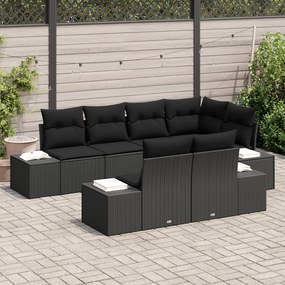 Conjunto de Sofá de Jardim de 7 Peças com Almofadas Preto Vime Poliést