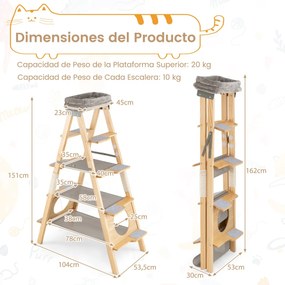 Arranhador para gatos em madeira dobrável com escada Torre alta em pinho maciço de 5 níveis cinzento