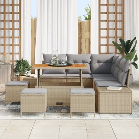 Conjunto de Sofá de Jardim de 9 Peças com Almofadas Bege em Vime Acáci