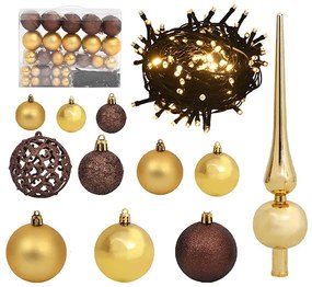 vidaXL Conj. de bolas de natal 60pcs c/ pico e 150 LEDs dourado/bronze
