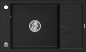 Mexen Elias lava-louça de granito de 1 cuba com escorredor 795 x 480 mm, preto, sifão cromado - 6511791005-77