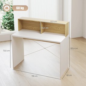 Secretária 110x50x102,6 cm Mesa de Escritório com 2 Compartimentos Abertos e Prateleira Branco e Madeira