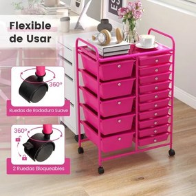 Carrinho de armazenamento multifuncional 63x37x87 cm com 15 gavetas coloridas, estrutura metálica e rodas bloqueáveis para casa e escritório, rosa