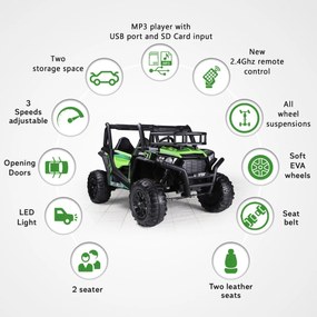 Jipe elétrico para crianças Tipo UTV 24V 2 Lugares em imitação de pele, comando à distância 2,4 GHz, 2 motores de 200 W, bateria de lítio, travão elét