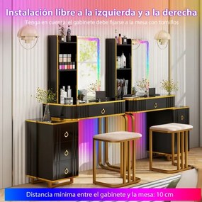 Toucador de maquilhagem RGB com espelho, 4 gavetas, 7 luzes LED dinâmicas, 7 luzes LED estáticas, banqueta e portas USB tipo C para o quarto, preto