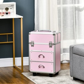 Mala de Maquilhagem Professional com Rodas 6 Gavetas Extensíveis Fechadura 2 Chaves e Alça Retrátil 36x23x58 cm Rosa