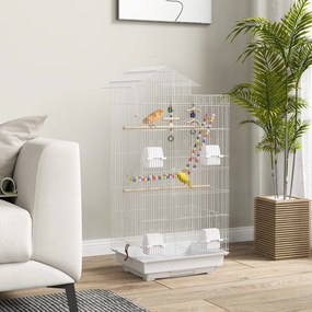Gaiola para Passáros de Metal com Portas 4 Comedouros 3 Poleiros Baloiço Escadas e Bandeja Removível  46x36x100 cm Branco