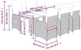7 pcs conjunto bistrô de jardim c/ almofadões vime PE castanho