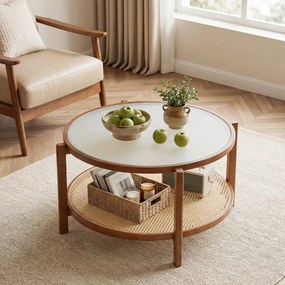 Mesa de Centro Redonda, 88 x 88 x 45 cm, Arrumação em Dois Níveis, Castanho