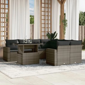9 pcs conjunto sofás p/ jardim com almofadões vime PE cinzento