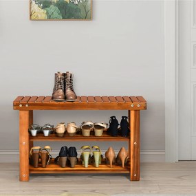 Sapateira de madeira de 3 níveis com assento Organizador de sapatos em acácia Carga 80 kg para entrada Corredor Casa de banho 70 x 28 x 45 cm