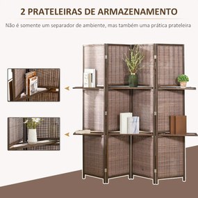 Biombo de 4 Painéis de Bambú Separador de Ambientes Dobrável com 2 Prateleiras Removíveis para Dormitório 180x180cm Marrom