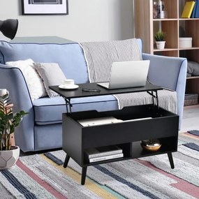 Mesa de centro com tampo elevável 80 x 40 x 46 cm, compartimento oculto e 2 prateleiras para sala de estar Preta