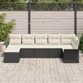Conjunto de Sofá de Jardim de 7 Peças com Almofadas Preto Rattan Polié