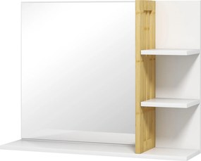 Espelho de parede para casa de banho 45 x 15 x 58,5 cm com 3 prateleiras laterais e 1 prateleira inferior em bambu e branco