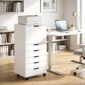 Bloco gavetas de Escritório com 5 Gavetas Armário com Fecho Suave Rodas e Suporte para Impressora Branco